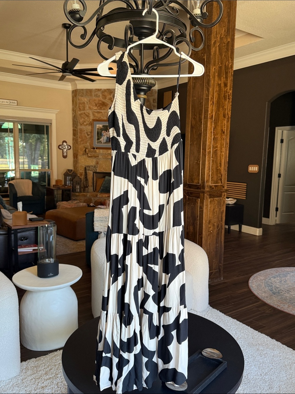 Women's Black and White Maxi Dress - Sleeveless Tiered Design